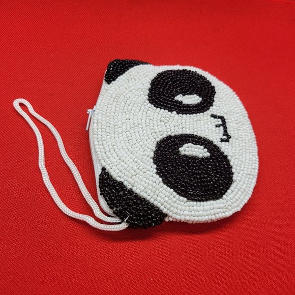 Vintage Coin Purse Panda Bear Beaded Black & White Silk Lined - Picture 9 of 11
